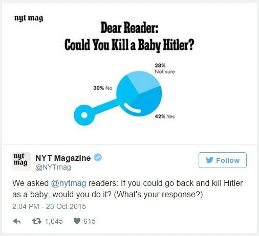 Would You Kill Baby Hitler — Screenshot of 2015 NYT Magazine tweet showing pie chart poll on killing Baby Hitler.