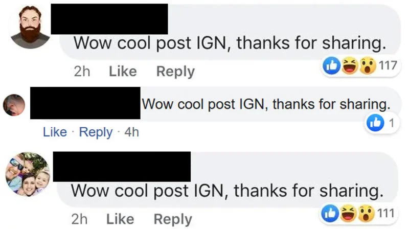 Facebook screenshot showing three stacked comments with copypasta text 'Wow cool post IGN, thanks for sharing'.