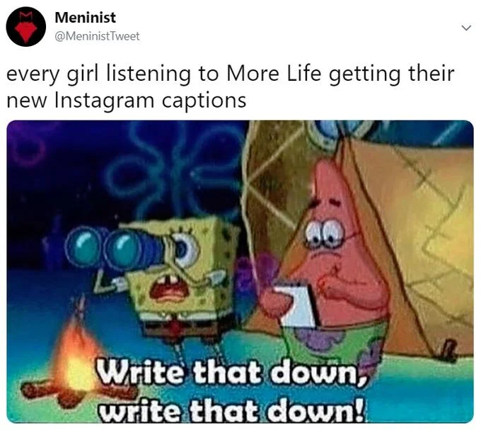 Write That Down, Write That Down — Meninist Twitter account using the SpongeBob 'Write That Down' meme about girls taking Instagram captions from Drake's More