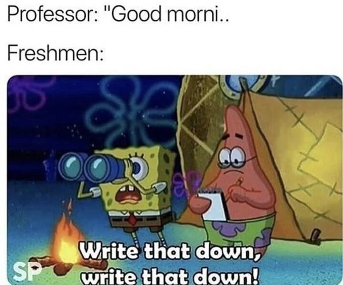Write That Down, Write That Down — SpongeBob 'Write That Down' meme comparing a professor starting to say 'Good morning' with freshmen taking notes