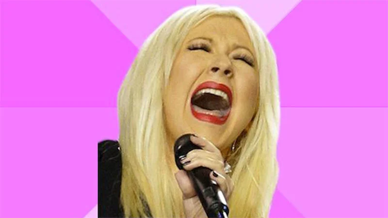 Wrong Lyrics Christina — Close-up crop of Christina Aguilera singing on pink starburst background template.