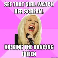 Wrong Lyrics Christina meme with caption parodying ABBA's Dancing Queen lyrics.