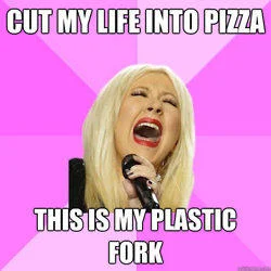 Wrong Lyrics Christina meme with caption parodying Papa Roach's Last Resort about pizza.
