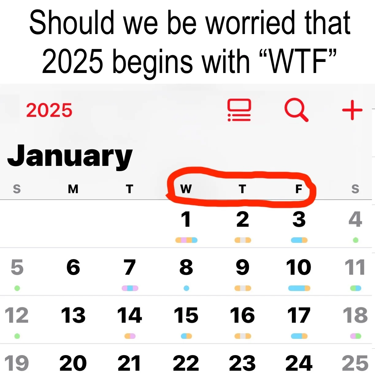 January 2025 iPhone calendar with W-T-F days circled, captioned 'Should we be worried that 2025 begins with WTF'