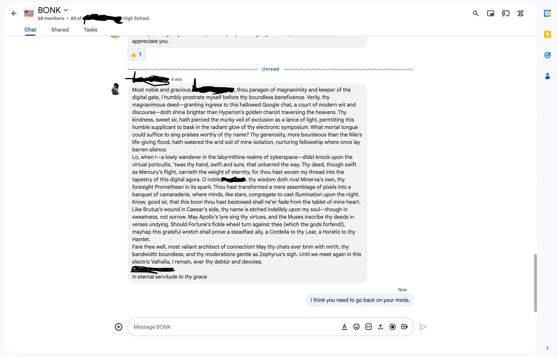 WTF — Google Chat screenshot of an overly ornate thank-you message followed by a sarcastic reply