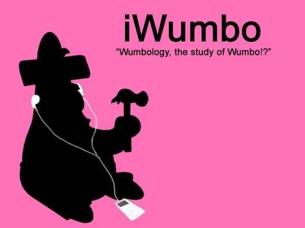 Pink iPod-style silhouette of Wario holding a hammer labeled iWumbo with the Wumbology quote.