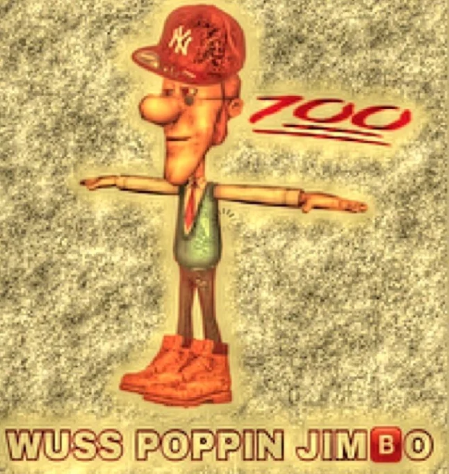 Cartoon character Hugh Neutron T-posing with a red Yankees cap, 100 emoji, and 'WUSS POPPIN JIMBO' caption.