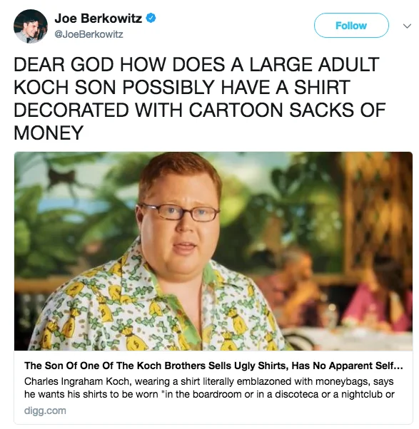 Wyatt Koch's Shirt Video — Joe Berkowitz tweet about Wyatt Koch's money-sack shirt linked to Digg article