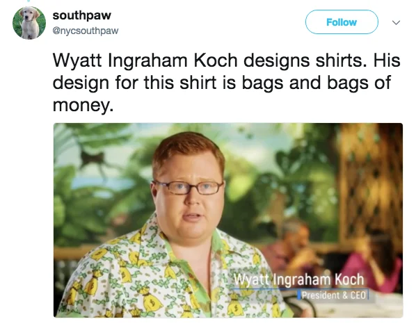Wyatt Koch's Shirt Video — Tweet showing Wyatt Koch wearing a shirt covered in money bags