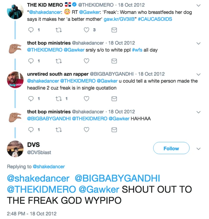 Twitter thread screenshot from 2012 ending with the phrase 'SHOUT OUT TO THE FREAK GOD WYPIPO'