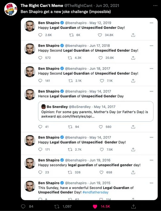 X Challenge (Impossible) — Tweet mocking Ben Shapiro's repeated 'Legal Guardian of Unspecified Gender Day' jokes, with the caption 'Ben Shapiro get a new joke
