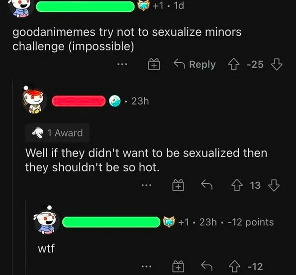X Challenge (Impossible) — Reddit screenshot captioned 'goodanimemes try not to sexualize minors challenge (impossible)' with disturbing reply comments.