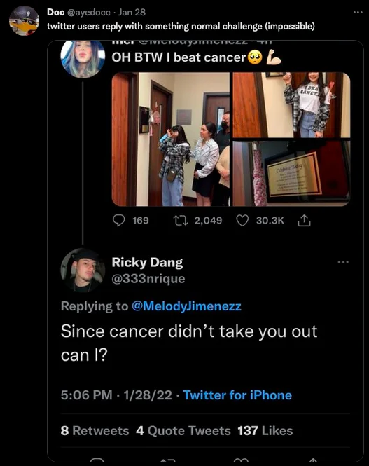 X Challenge (Impossible) — Tweet captioned 'twitter users reply with something normal challenge (impossible)' showing a cruel reply to someone announcing they