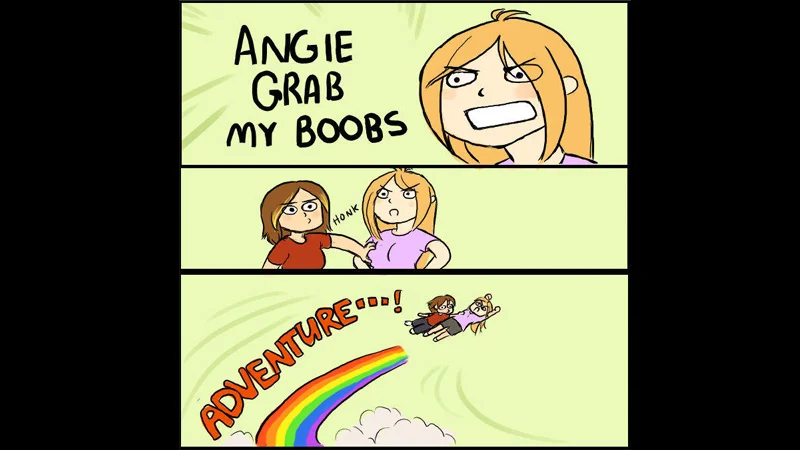 X Grab My Y — Three-panel comic: blonde girl tells Angie to grab her boobs, Angie honks them, then both fly along a rainbow shouting 'Adventure!'