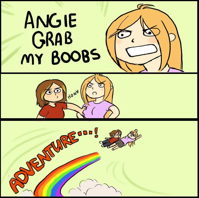 X Grab My Y — Three-panel 'Angie Grab My Boobs' comic ending with two girls flying on a rainbow labeled Adventure