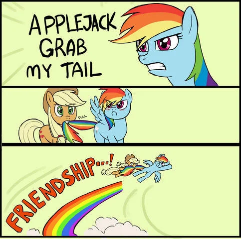 X Grab My Y — Three-panel My Little Pony comic: Rainbow Dash asks Applejack to grab her tail, Applejack pulls it, they fly on a rainbow labeled Friendship