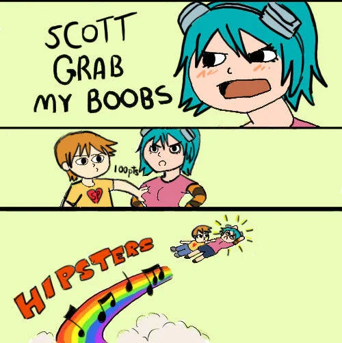 X Grab My Y — Three-panel Scott Pilgrim comic: Ramona asks Scott to grab her boobs for 100 points, then they fly on a musical rainbow labeled Hipsters