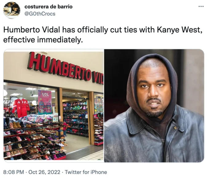 X Has Officially Cut Ties with Kanye West — Tweet joking that shoe store Humberto Vidal cut ties with Kanye West