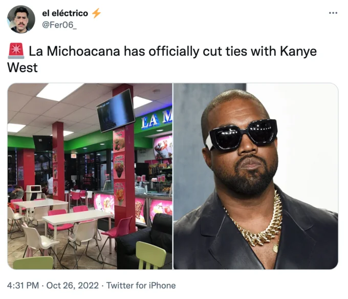 X Has Officially Cut Ties with Kanye West — Tweet joking that La Michoacana ice cream chain cut ties with Kanye West