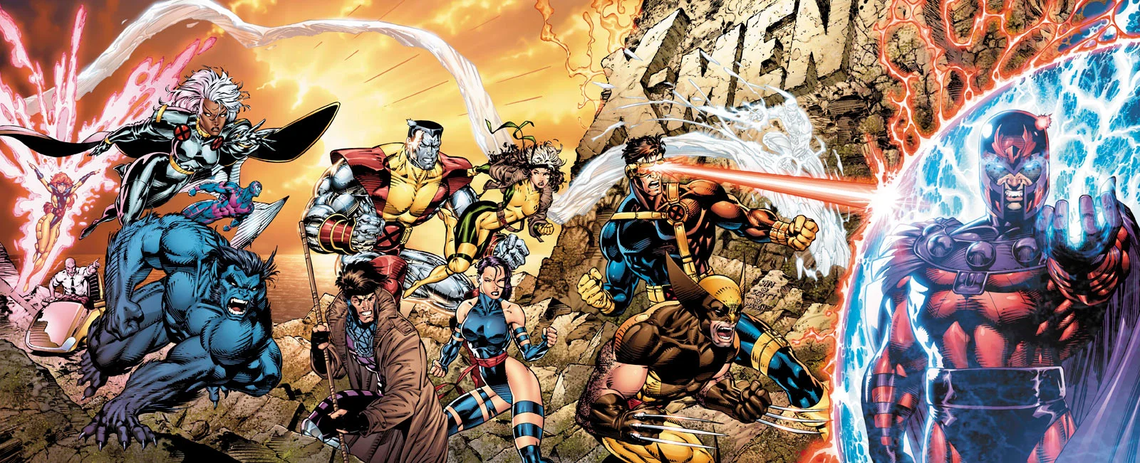 Classic X-Men team lineup comic art with Wolverine, Cyclops, Storm, and Magneto