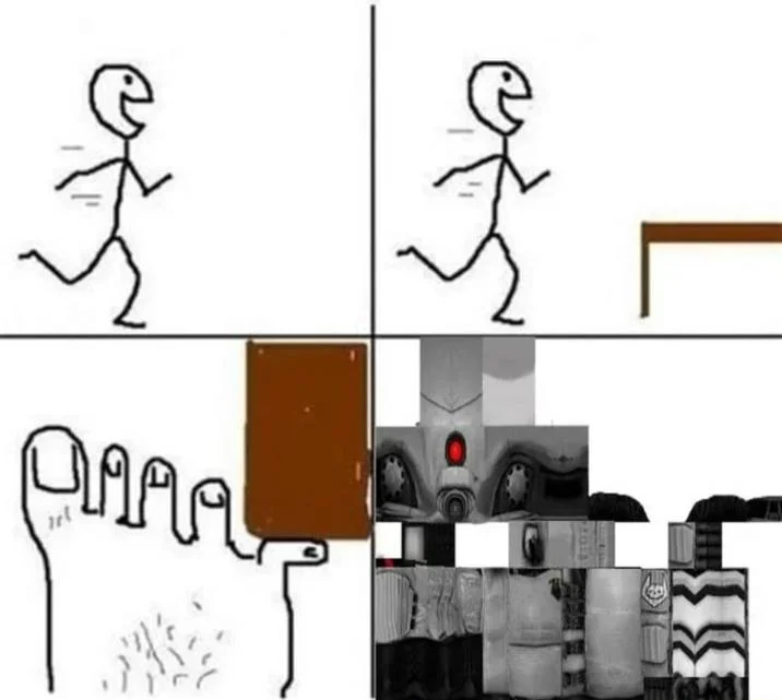 X Stubbing Pinky Toe On Table Leg — Rage comic variant with distorted robotic figure in the final panel