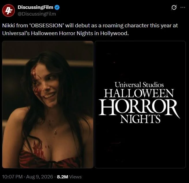 X Will Appear As A Roaming Character During Universal Halloween Horror Nights — DiscussingFilm tweet announcing Nikki from Obsession as roaming character at