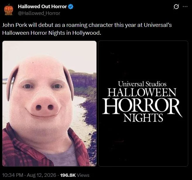 X Will Appear As A Roaming Character During Universal Halloween Horror Nights — Parody tweet claiming John Pork meme character will appear at Halloween Horror