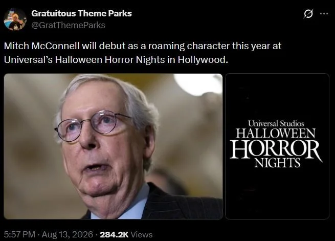 X Will Appear As A Roaming Character During Universal Halloween Horror Nights — Parody tweet claiming Mitch McConnell will be a roaming character at Halloween