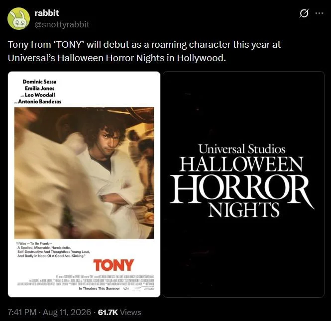 X Will Appear As A Roaming Character During Universal Halloween Horror Nights — Parody tweet about Tony from TONY movie appearing at Halloween Horror Nights