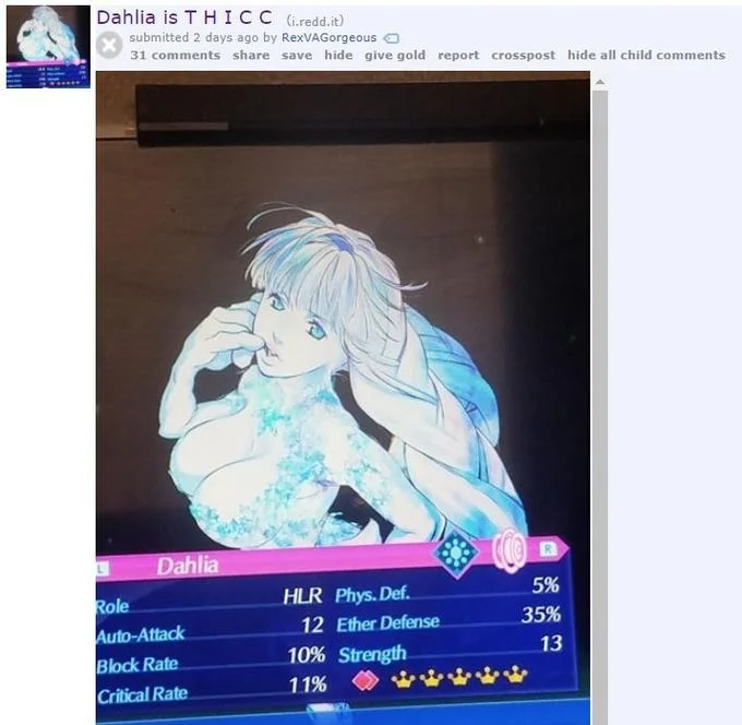 Xenoblade Chronicles 2 Tsuki Character Design Controversy — Reddit post Dahlia is THICC with Xenoblade Chronicles 2 character stat screen photo