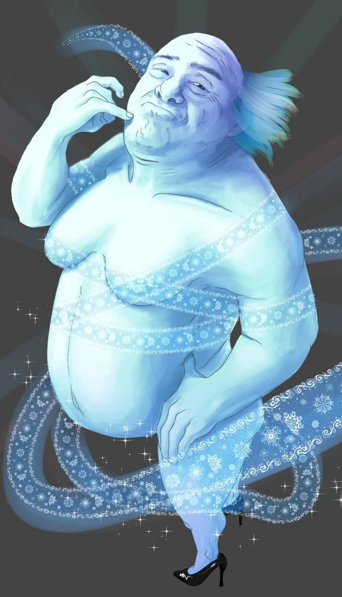 Xenoblade Chronicles 2 Tsuki Character Design Controversy — Fan art parody of Tsuki redrawn with an obese balding man's body