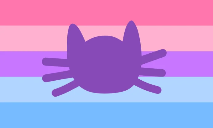 Cat-themed xenogender pride flag with a purple cat face on pink and blue stripes