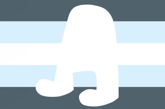 Fall Guys themed xenogender flag with a white bean character silhouette on blue and gray stripes