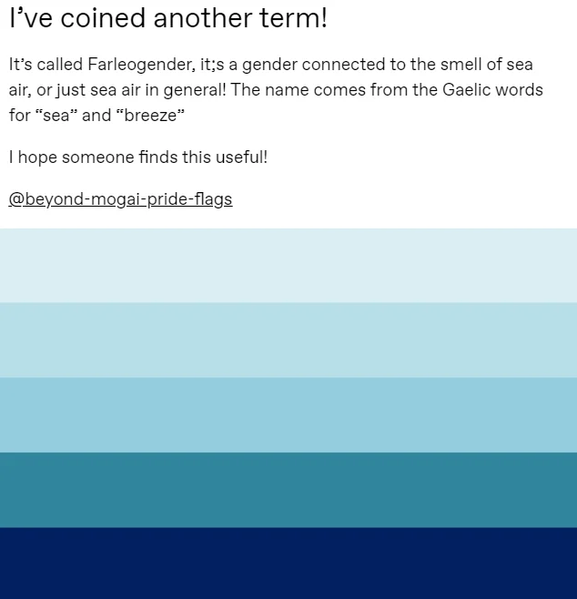 Tumblr post coining Farleogender xenogender with a blue-striped flag representing sea air
