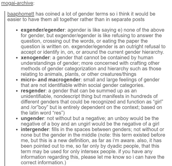 Tumblr post from mogai-archive listing coined gender terms including the original xenogender definition