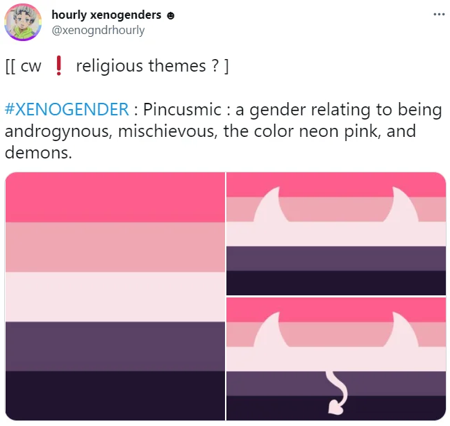 Twitter post from hourly xenogenders describing the Pincusmic xenogender with pink and purple demon-themed flags