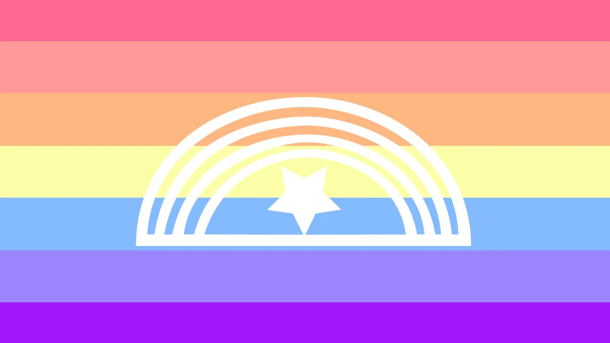 Xenogender pride flag with pastel rainbow stripes and a white rainbow-and-star emblem
