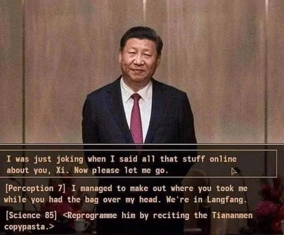 Xi Jinping with Disco Elysium dialogue box referencing Tiananmen