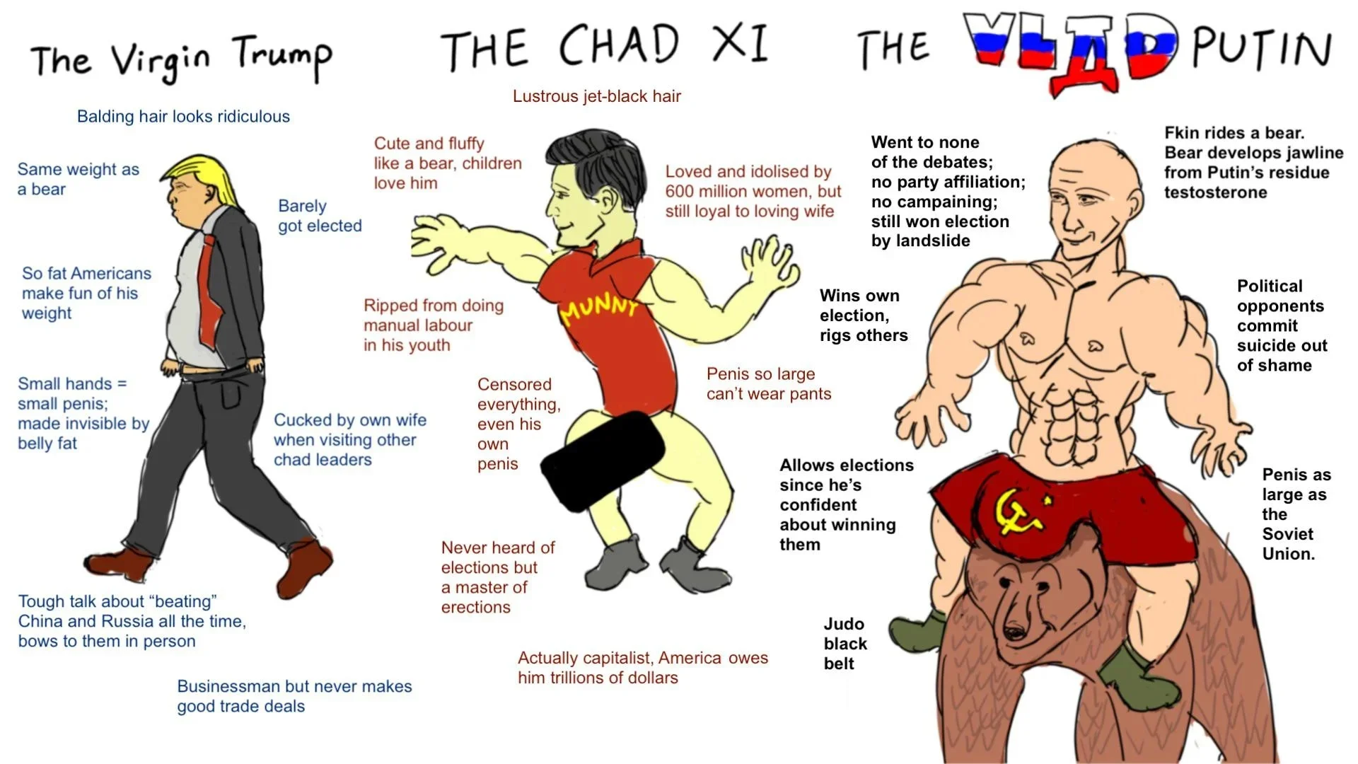 Xi Jinping — Virgin Trump vs Chad Xi vs Vlad Putin tri-panel meme