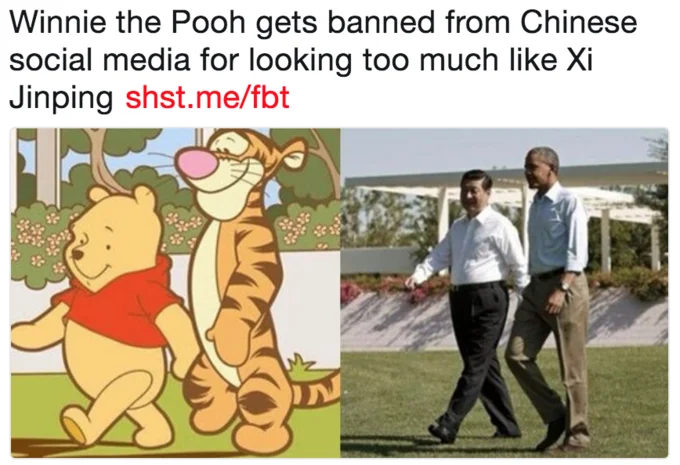 News headline comparing Winnie the Pooh and Tigger to Xi Jinping walking with Obama