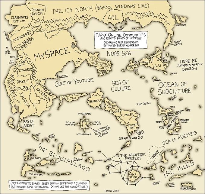 xkcd Map of Online Communities 2007 showing websites as continents and islands