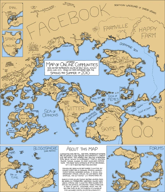 xkcd Updated Map of Online Communities 2010 featuring Facebook as the largest continent