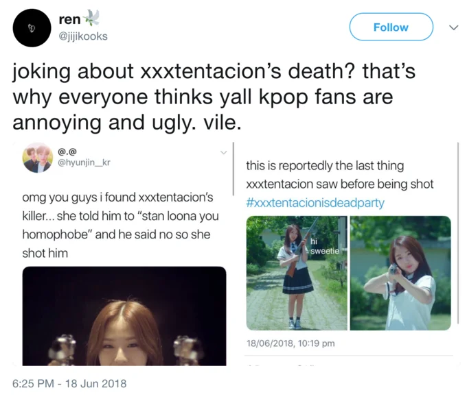 Tweet condemning K-pop fans for joking about XXXTentacion's death