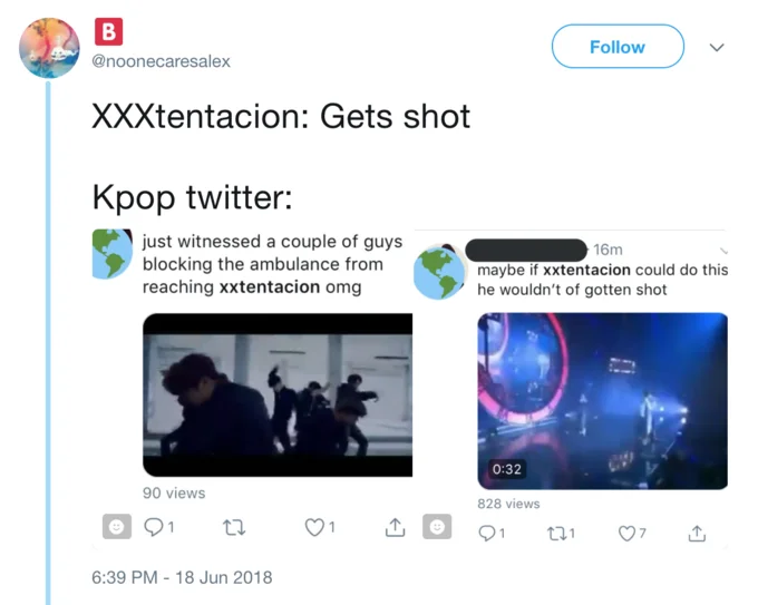 Tweet showing K-pop fans mocking XXXTentacion's shooting