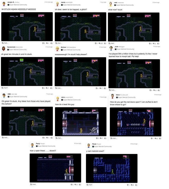 Y Cant Metroid Crawl — Grid collage of Miiverse posts showing multiple players stuck with PaulyU's post in bottom-right.