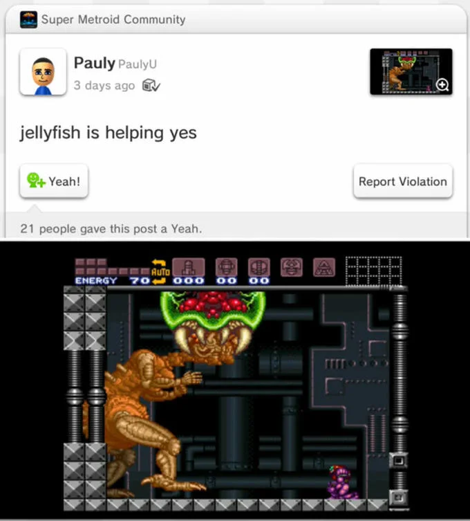 Y Cant Metroid Crawl — Miiverse post from PaulyU captioned 'jellyfish is helping yes' showing Super Metroid boss.