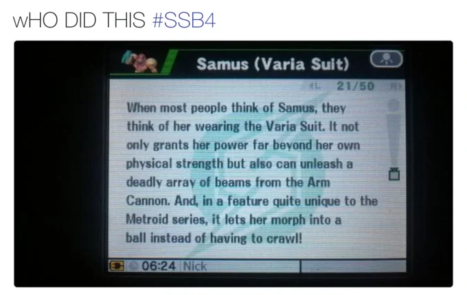 Y Cant Metroid Crawl — Super Smash Bros 4 trophy description Easter egg referencing morph ball crawl mechanic.