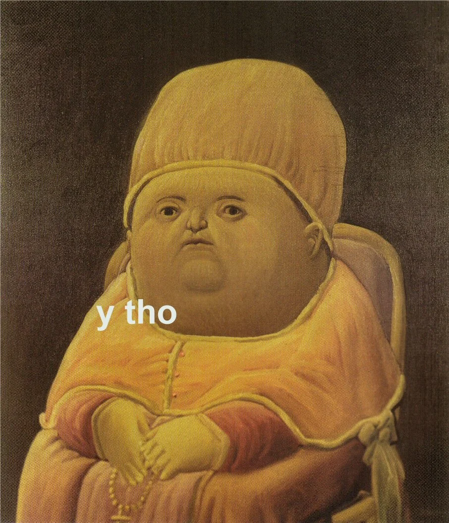 Painting of chubby infant in golden robes and yellow bonnet with puzzled expression and 'y tho' text overlay.