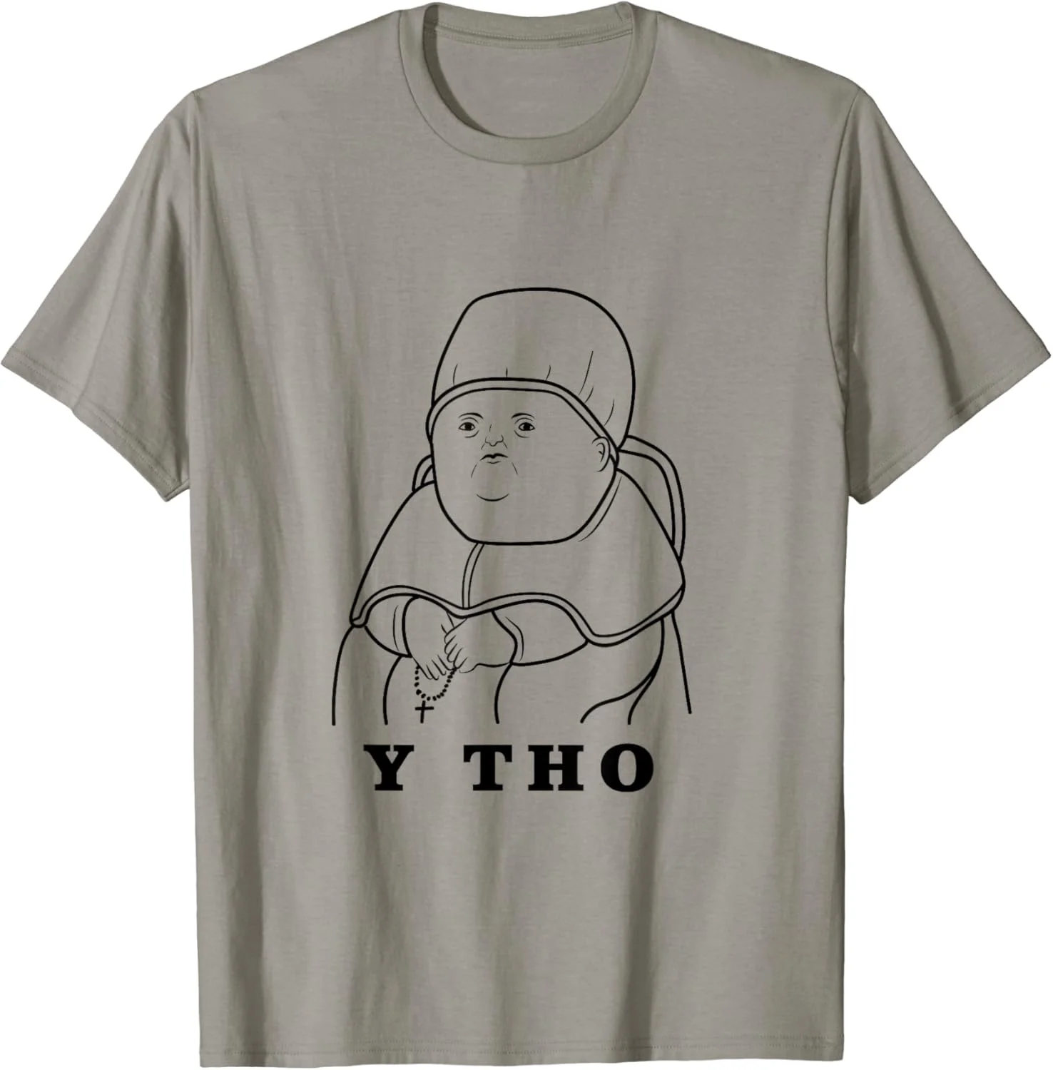 Gray t-shirt with line-drawn Y Tho baby illustration and text beneath.