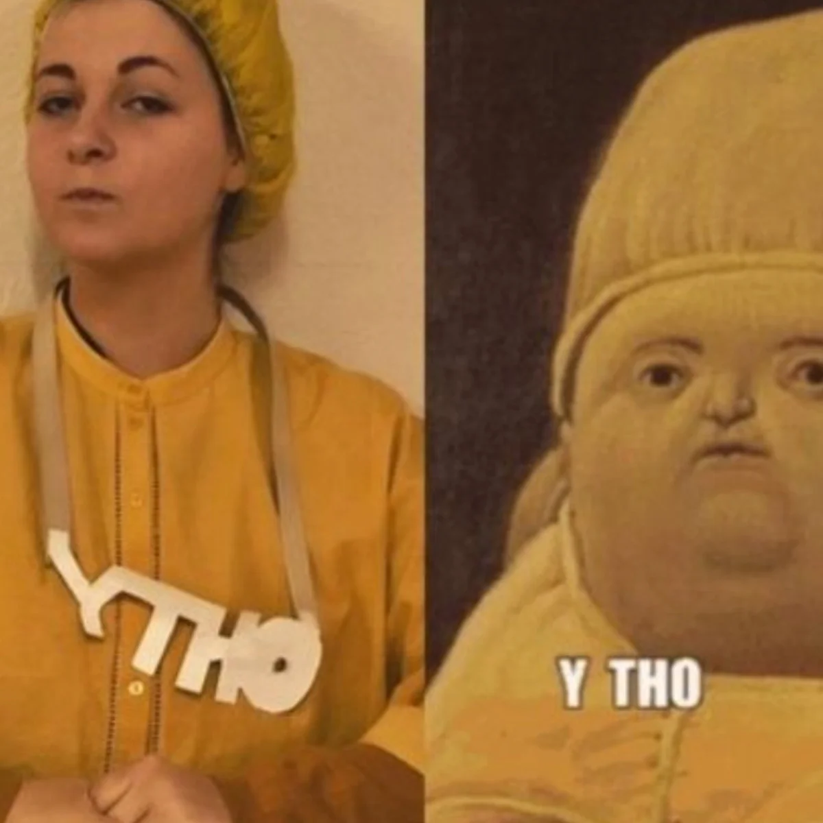 Side-by-side comparison of woman in yellow hoodie with Y Tho baby painting showing matching colors.
